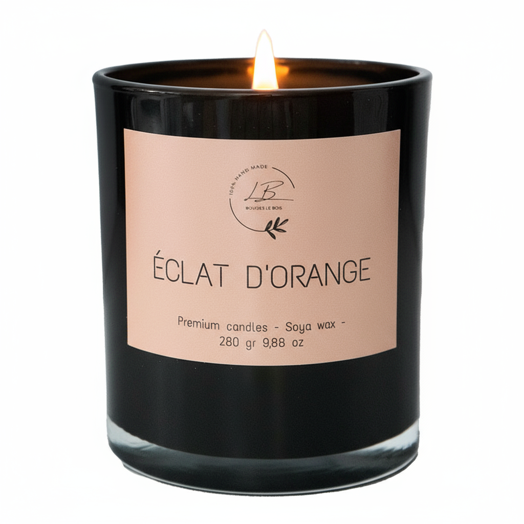 Vela Aromatica Éclat d'Orange en vaso negro de cristal y pabilo de madera encendido