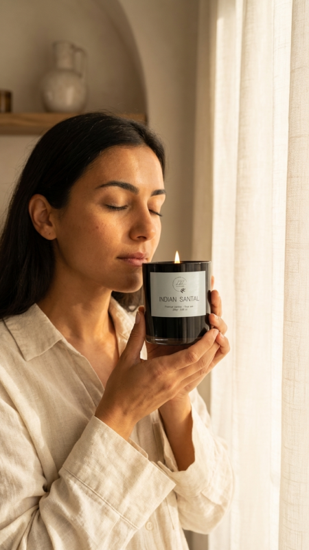 Mujer morena oliendo la vela de Indian Santal