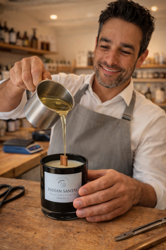 Vertiendo cera de soja caliente sobre vaso negro de Bougies Le Bois