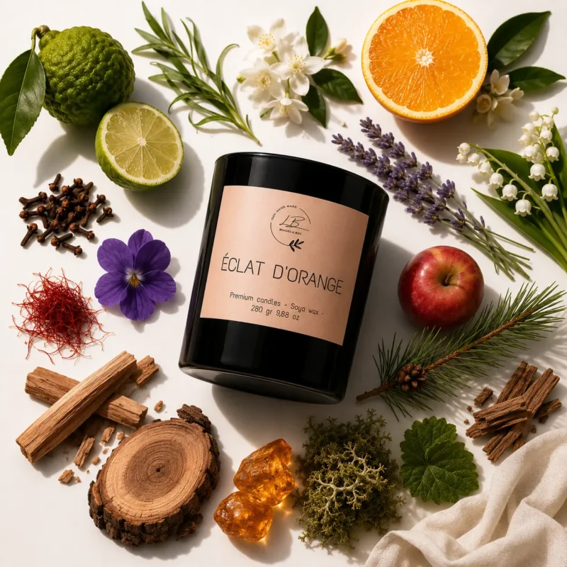Velas aromáticas mediterráneas Éclat d'Orange, cítrica de naranja y bergamota, con sus ingredientes naturales