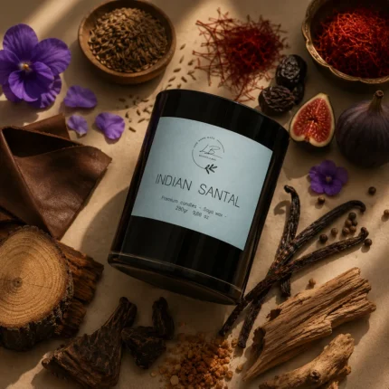 Vela aromática Indian Santal con sus ingredientes