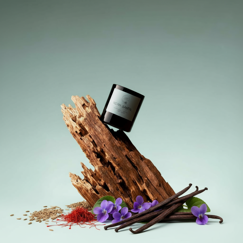 Vela aromática artesanal encendida sobre base de madera junto a sus ingredientes naturales.