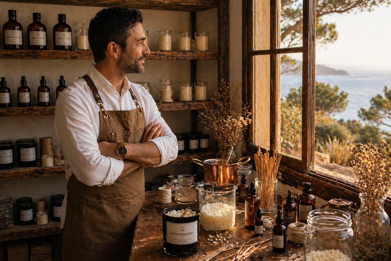 David Salva, artesano cerero y fundador de Bougies Le Bois, elaborando a mano velas con ingredientes naturales en su taller de Xàbia frente al mar Mediterráneo.