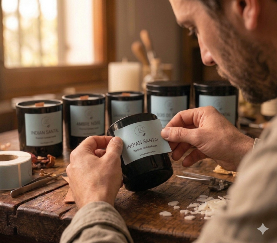 Etiquetando una de las velas Indian Santal con aroma a Santal 33