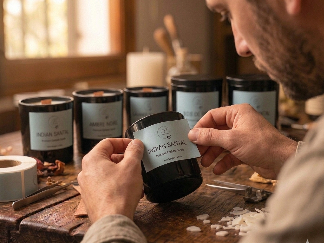 Etiquetando una de las velas Indian Santal con aroma a Santal 33