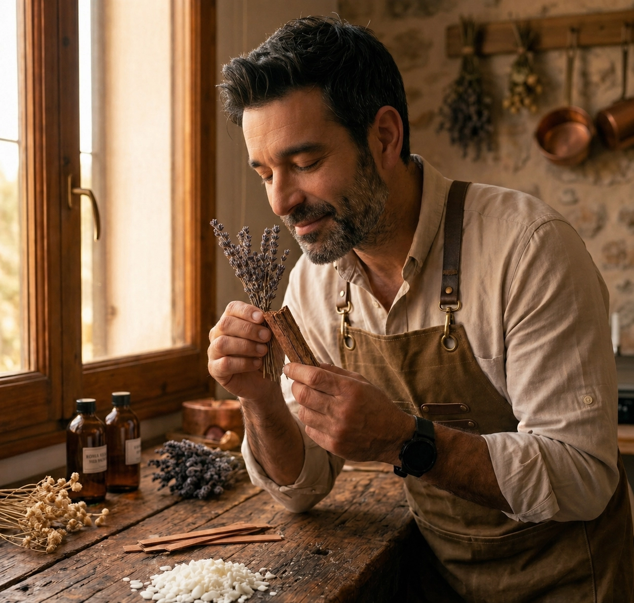 David Salva esta oliendo lavanda y madera en el taller de Bougies Le Bois