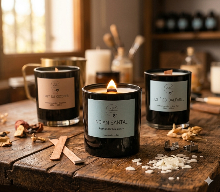 Tres velas aromaticas en vaso de cristal negro con la mecha encendida