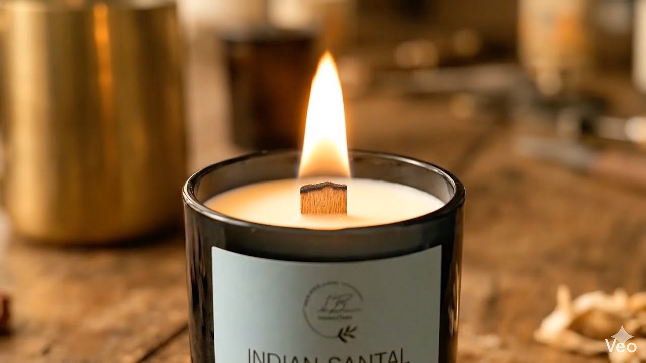 Vela aromatica de soja con el pabilo de madera de sequoia encendida