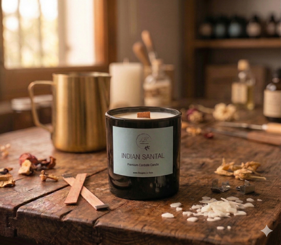 Vela Indian Santal sobre la mesa del Taller de Bougies Le Bois