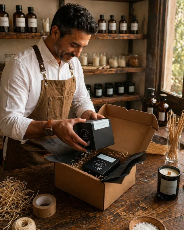 David, artesano de Bougies Le Bois, embalando cuidadosamente a mano dos velas aromáticas para regalo en su taller.