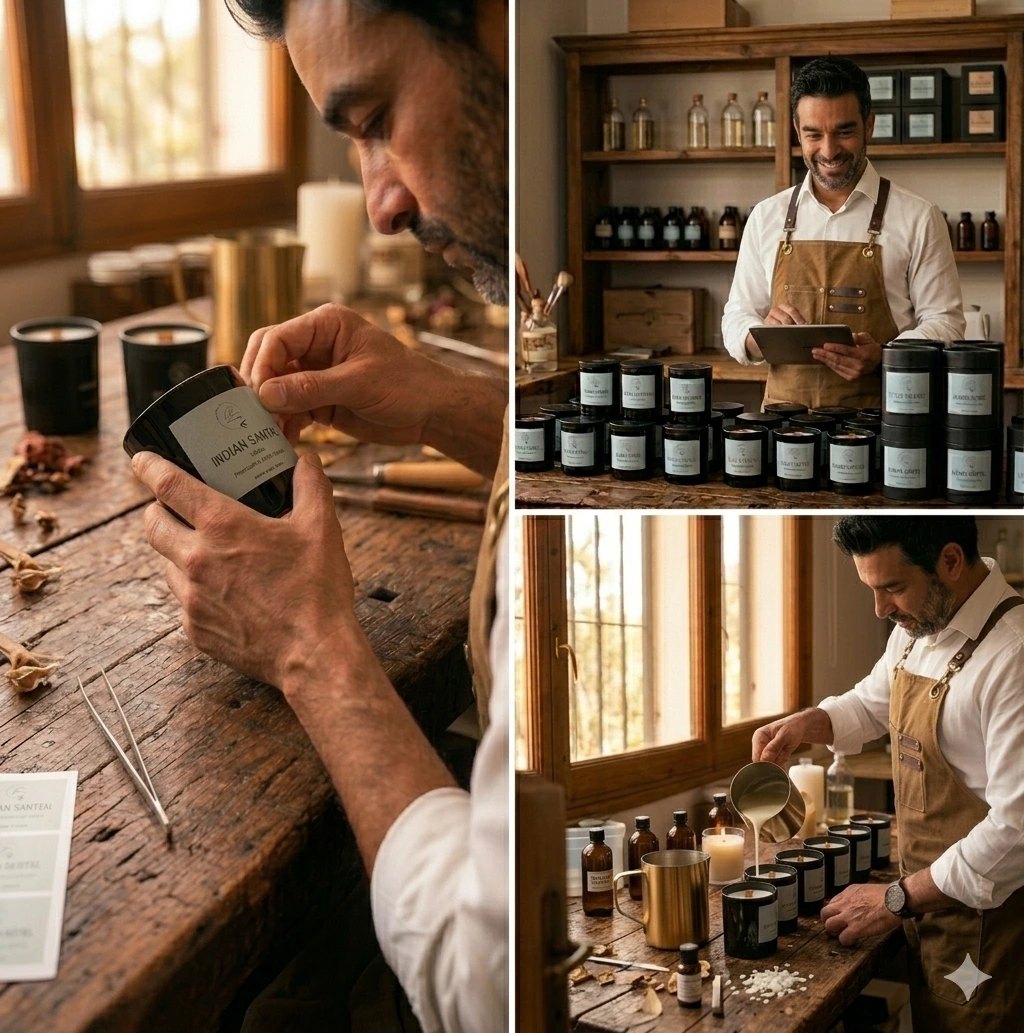 Collage de el taller de Bougies Le Bois etiquetando dos velas aromáticas
