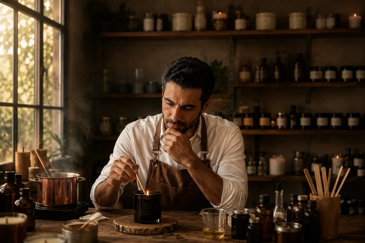 David Salva pensativo en el taller de Bougies Le Bois