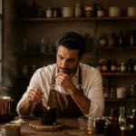 David Salva pensativo en el taller de Bougies Le Bois