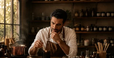 David Salva pensativo en el taller de Bougies Le Bois