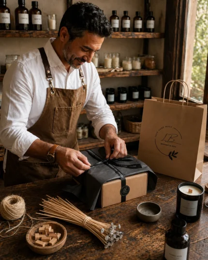 David Salva empaquetando velas aromáticas para regalar