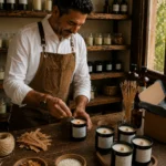 David Salva en el taller de Bougies Le Bois encendiendo una vela "Les Iles Baleares" sobre la mesa