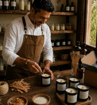 David Salva en el taller de Bougies Le Bois encendiendo una vela "Les Iles Baleares" sobre la mesa