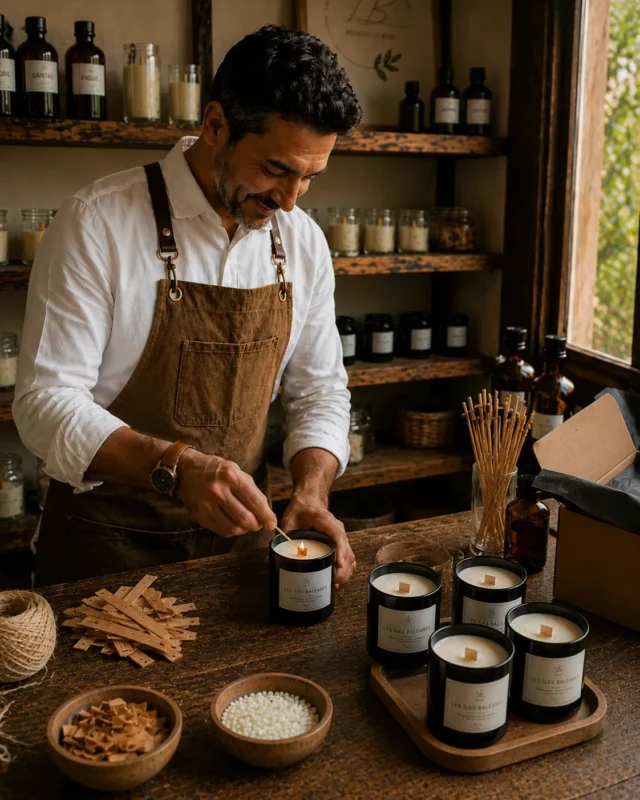 David Salva en el taller de Bougies Le Bois encendiendo una vela "Les Iles Baleares" sobre la mesa