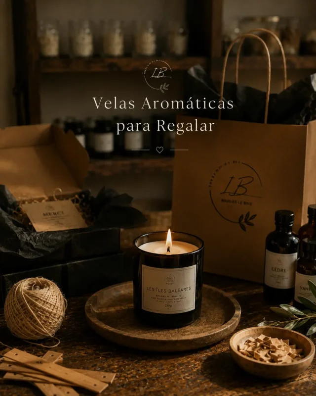 Vela aromatica Les Iles Baleares en el taller con papel regalo Vela Aromática con papel de regalo en el fondo en el taller