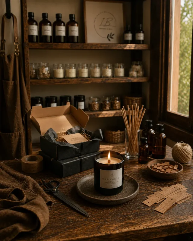 Vela aromatica encendida en medio del taller de Bougies Le Bois, sin nadie mas