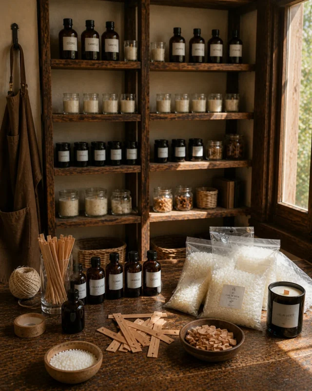 Vista del Taller de Bougies Le Bois con las estanterias con los aceites esenciales, cera de soja y los pabilos de madera