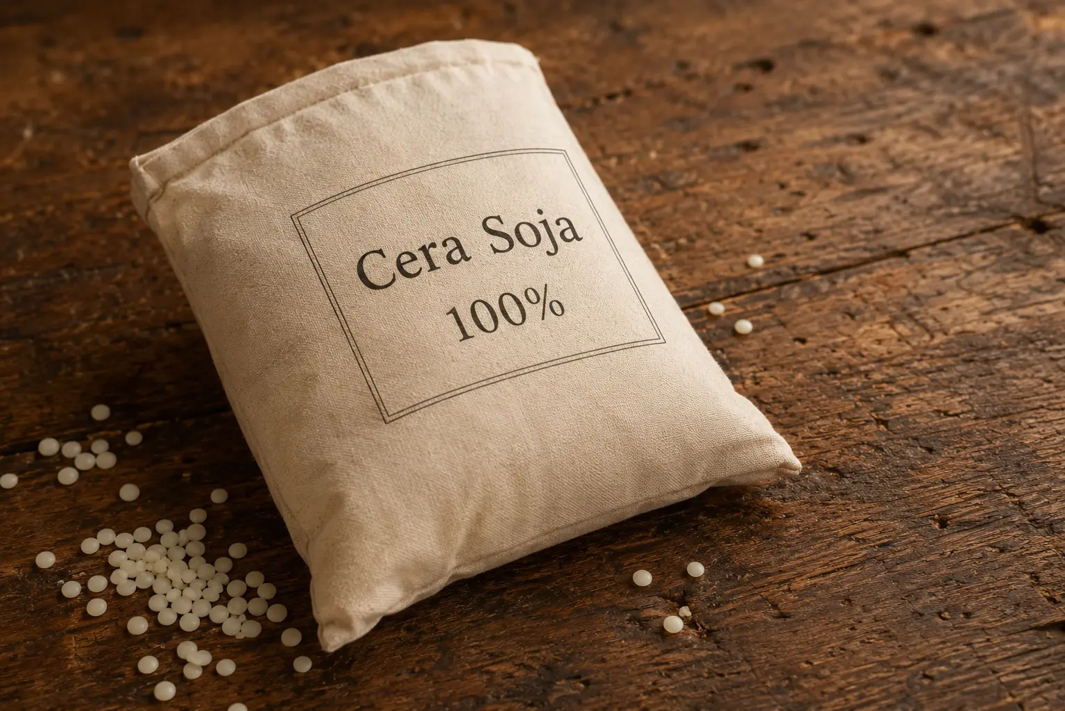 Un saco de cera de soja natural sobre la mesa de trabajo de Bougies Le Bois