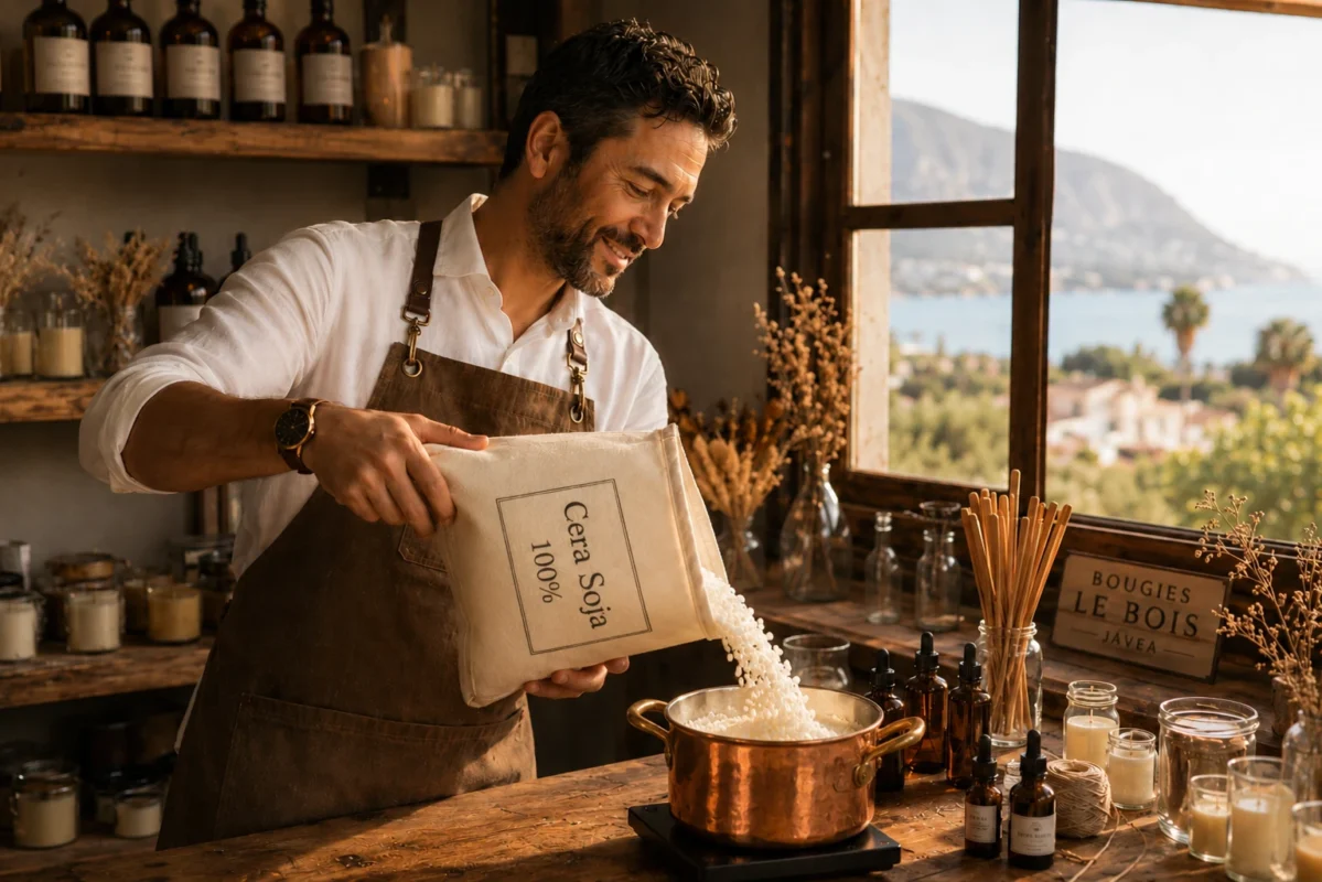 David Salva dejando caer cera de soja natural en cazo para derretirla.