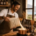David Salva dejando caer cera de soja natural en cazo para derretirla.