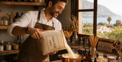 David Salva dejando caer cera de soja natural en cazo para derretirla.