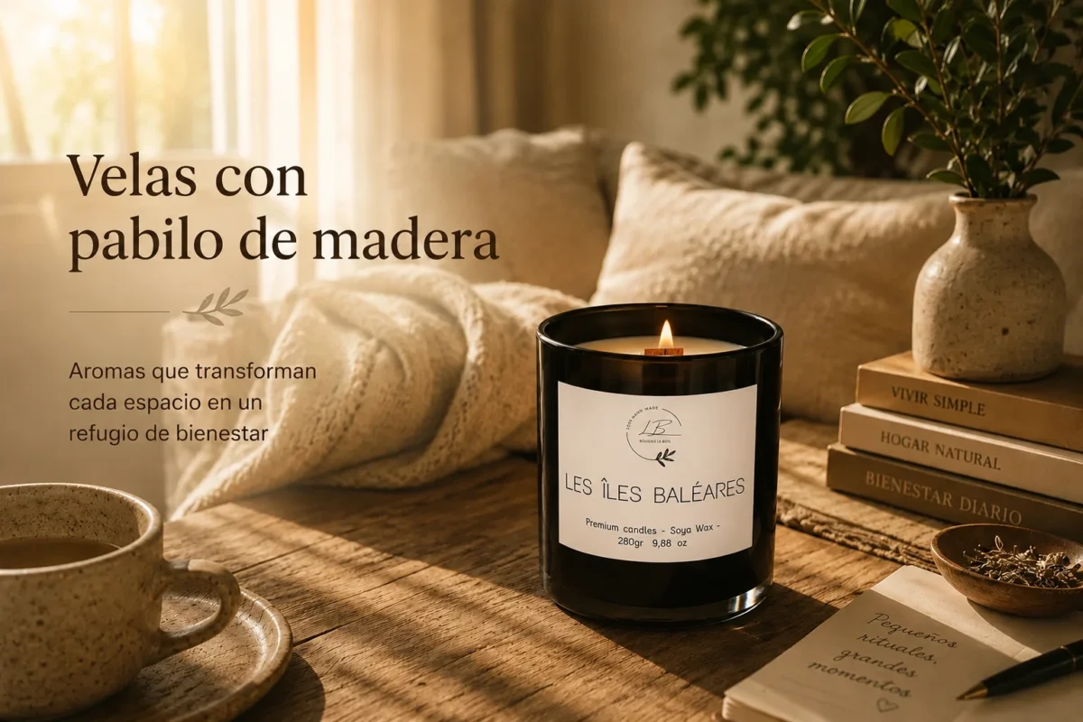 una vela aromatica con mecha de madera sobre una mesa en el comedor