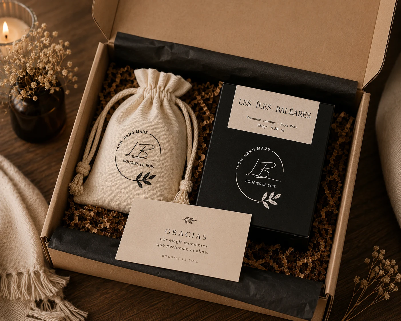Packaging elegante de Bougies Le Bois con velas aromáticas para regalar