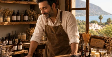 David Salva creando velas con cera natural de soja en el taller