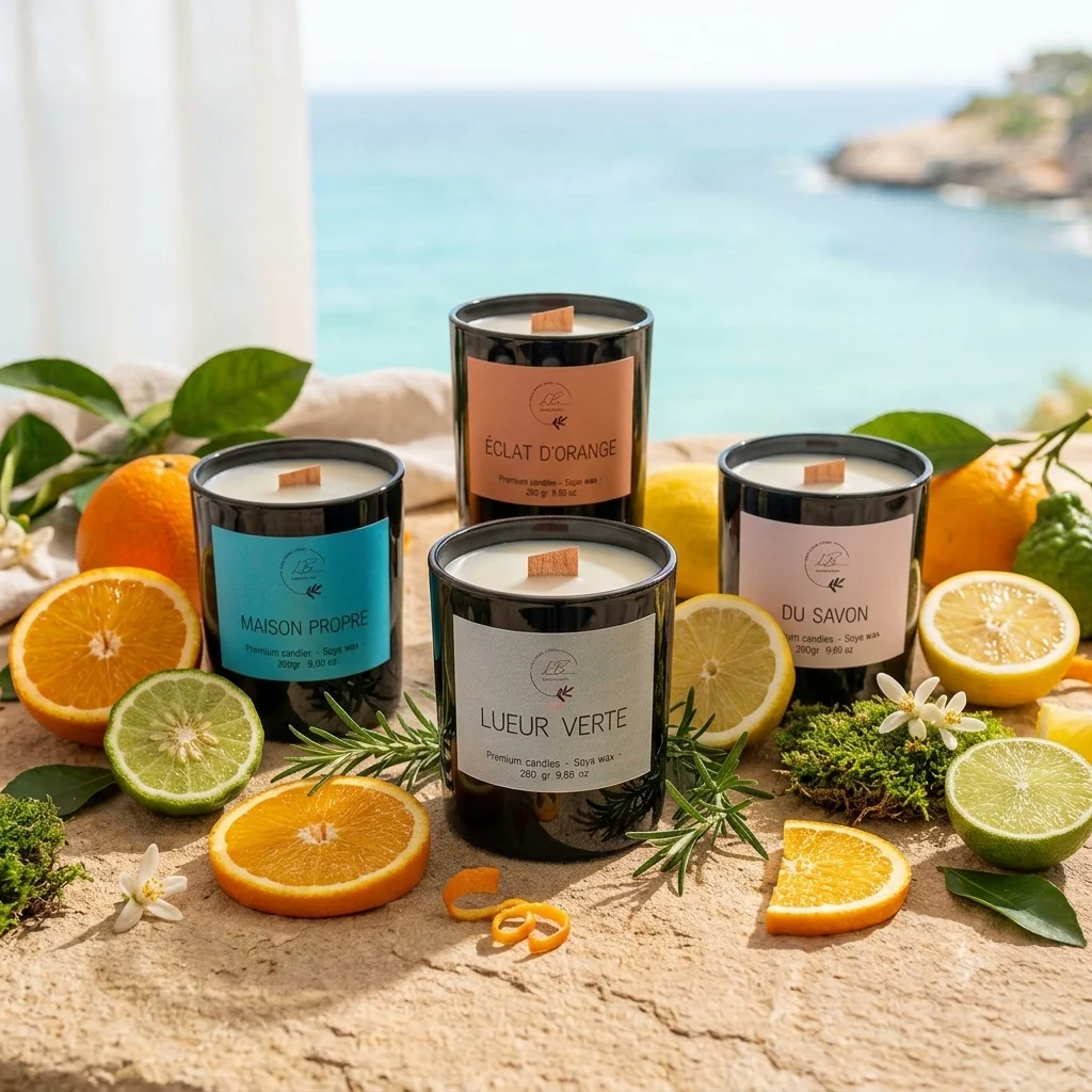 Cuatro velas aromáticas cítricas con algunas rodajas de limones y naranjas
